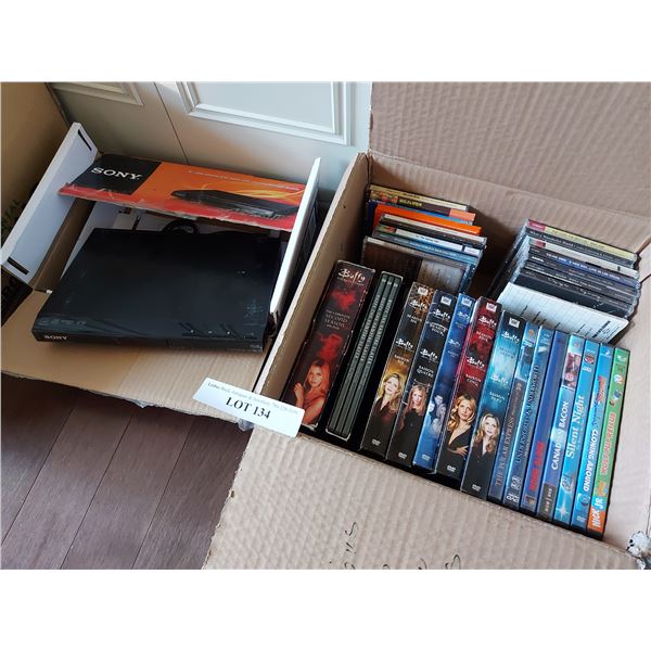 Sony CD/DVD player (model DVP-SR310P). Asst DVDs and CDs