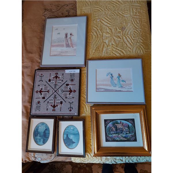 6 asst needlepoint pictures, framed