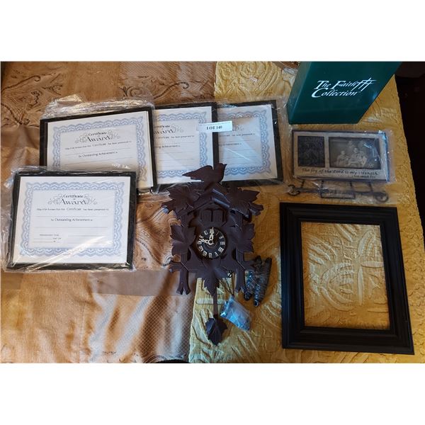 Cuckoo clock (Schmechenbecher), blank award certificates (x4) (plastic frames), Faith frame with sta