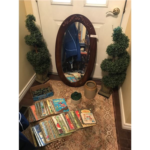 2 Topiary trees, oval mirror, marbles, various Little Golden Books, jug and container