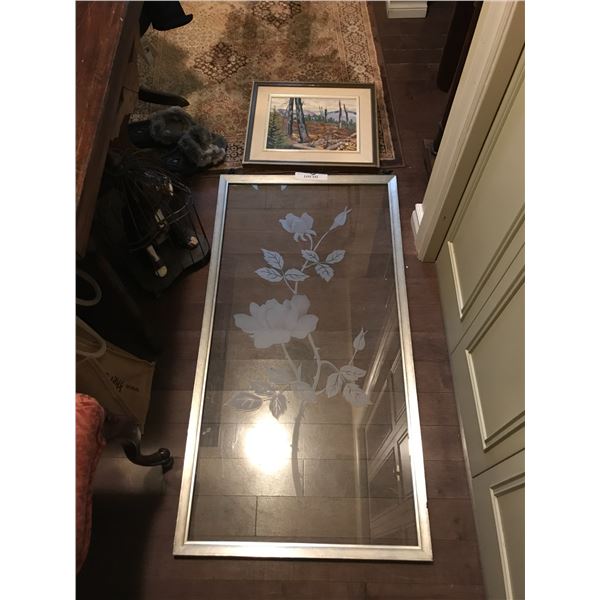 Large etched flower glass door panel, framed landscape painting