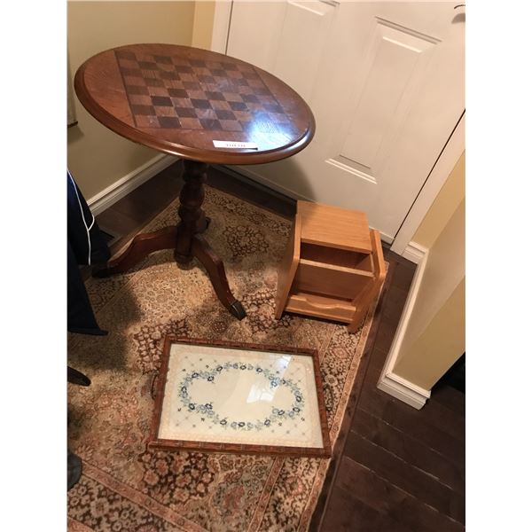 Chess table, wood and petit point tray, wood letter holder