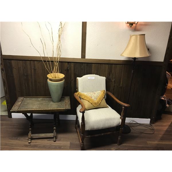 Upholstered side chair with decorative pillow (wood legs), Peruvian wood tray table, vase with decor