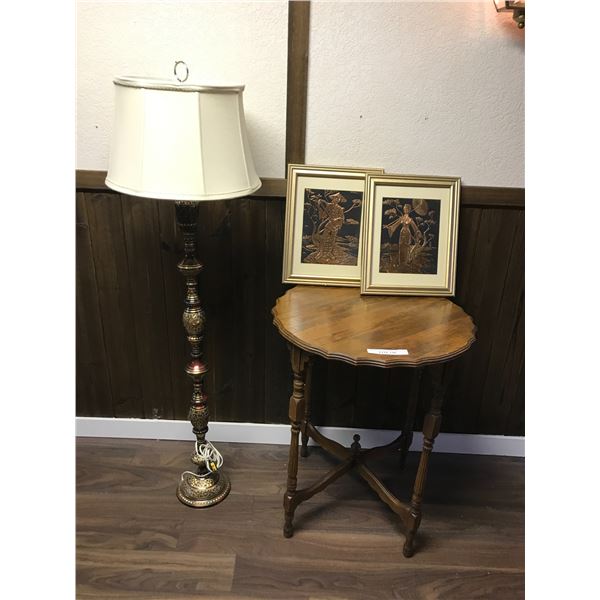 2 brass Asian art images, India-inspired lamp, wood table