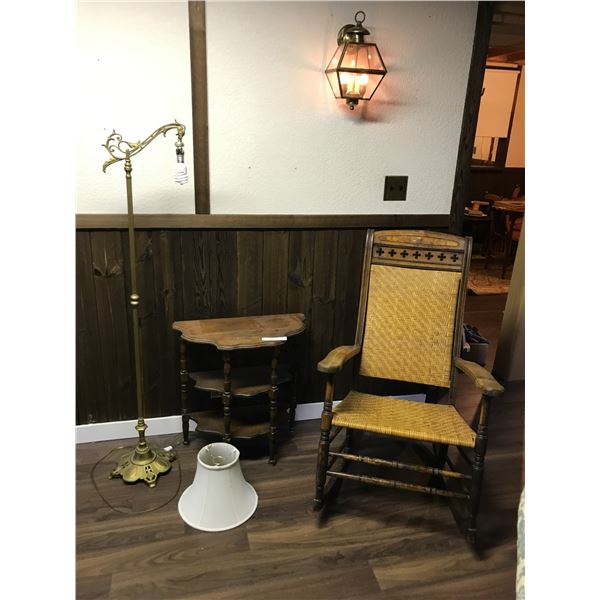 Side table, ornate floor/side lamp and shade, burr walnut wood rocking chair