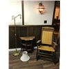 Image 1 : Side table, ornate floor/side lamp and shade, burr walnut wood rocking chair