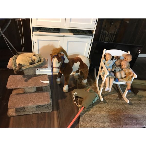 Hobby horse (on stick), large stuffed pony, vintage ceramic dolls, white play rocking chair, cat scr