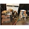 Image 1 : Hobby horse (on stick), large stuffed pony, vintage ceramic dolls, white play rocking chair, cat scr