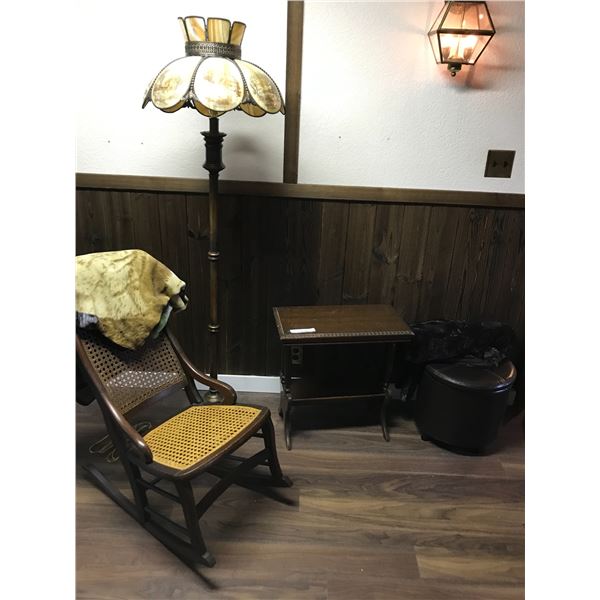 Wood magazine rack with top, round leather stool, round faux fur throw, wood wicker rocking chair, H
