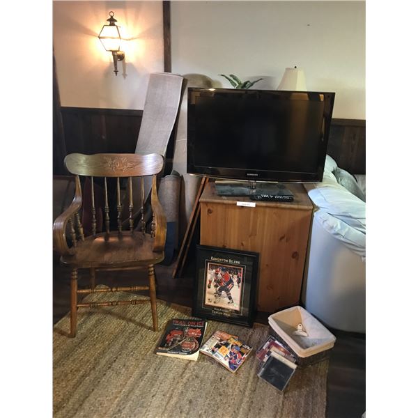 Samsung TV with remote (31"), wood rocking chair, asst CD's and magazines