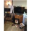 Image 1 : Samsung TV with remote (31"), wood rocking chair, asst CD's and magazines