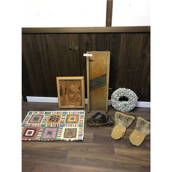 Wood 3D maple syrup horse picture, fur & hide gloves and hat, quilted table cloth, wreath