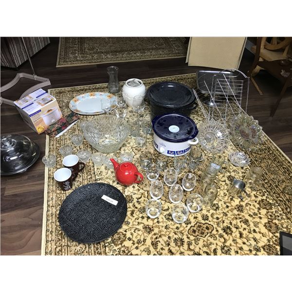 2 silver cake trays, Dura brand 2Q slow cooker, Rival crockpot, English platter, punch bowl & glasse