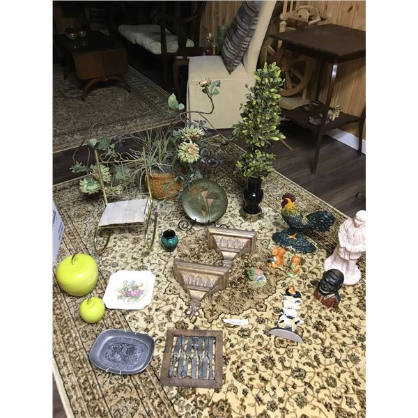 Tiny brass rocking chair, topiary silk flowers, 2 wall sconces, metal rooster and farm animals, gree