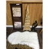 Image 1 : Faux fur rug, brown & white picture, 4-drawer triangular hand-painted storage unit, abstract carved
