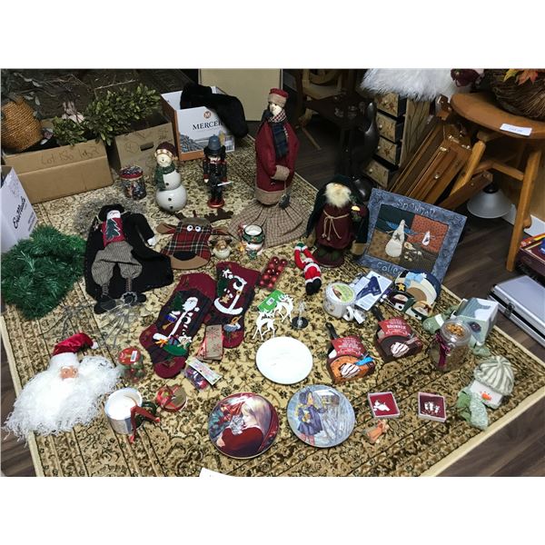Huge asst of Christmas stockings, plates, coasters, ornaments, pins, etc.
