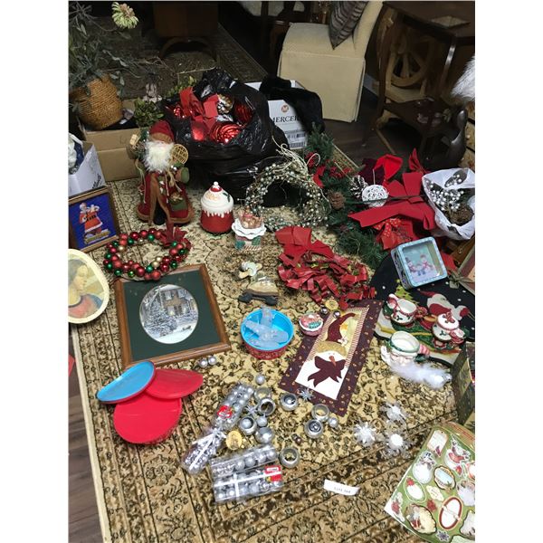 Framed Christmas print, Christmas balls, wreaths, large pine cones, large red ornaments, bows, tin C