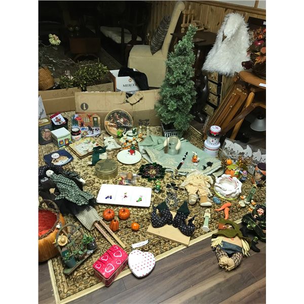 Thanksgiving ornaments, tins, Christmas tree, Halloween and Easter décor