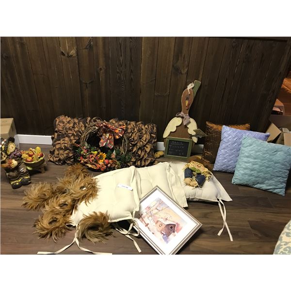 Mohamed Hirji Print, Designer pillows, wood turkey chalkboard & fall décor,