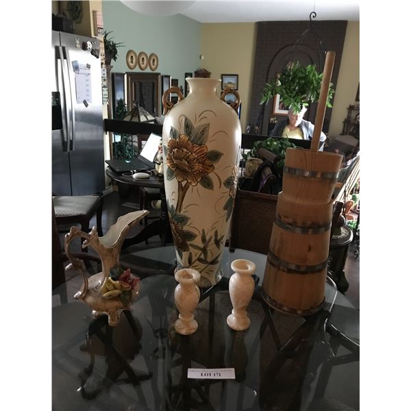Wood butter churn, Italian pitcher, large floral vase, 2 marble candle holders