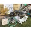 Image 1 : Black metal outdoor table & 2 chairs, wooden doll cradle, garden hose, garden accessories, 24" unive