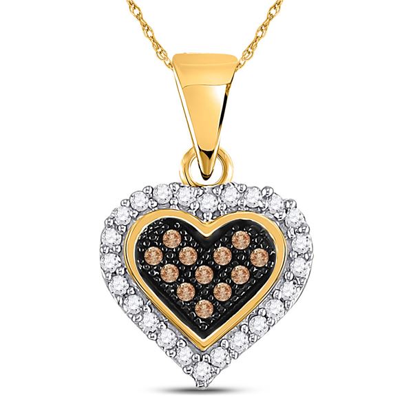 Round Brown Diamond Heart Cluster Pendant 1/8 Cttw 10KT Yellow Gold