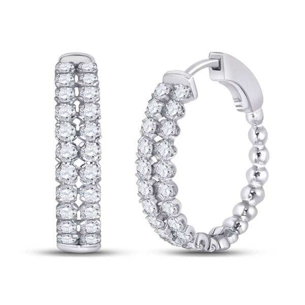 Round Diamond Double Row Hoop Earrings 2 Cttw 14KT White Gold