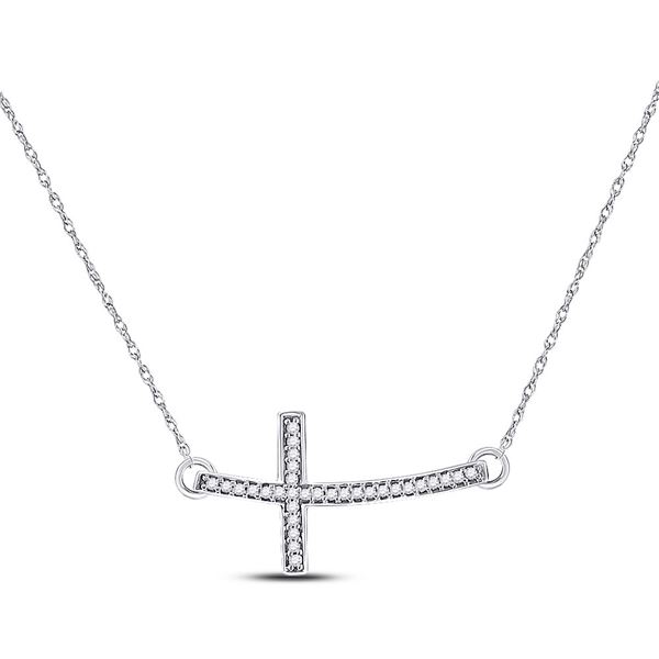 Round Diamond Horizontal Cross Pendant Necklace 1/10 Cttw 10KT White Gold