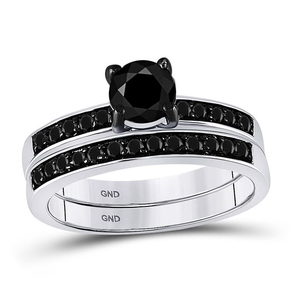 Round Black Color Enhanced Diamond Bridal Wedding Ring Set 1 Cttw 10KT White Gold