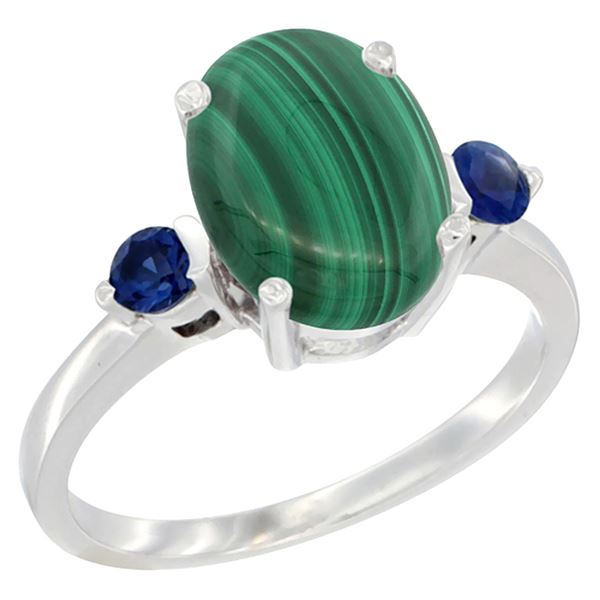 2.99 CTW Malachite & Blue Sapphire Ring 14K White Gold - REF-30V3R