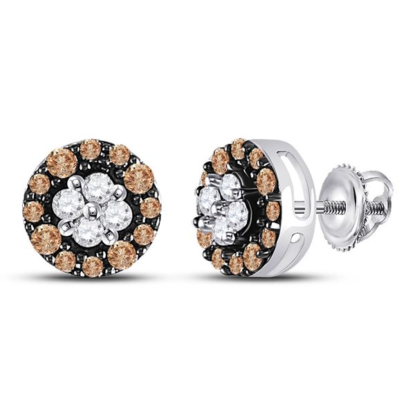 Round Brown Diamond Cluster Stud Earrings 1/3 Cttw 10KT White Gold