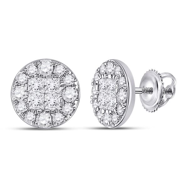 Princess Round Diamond Cluster Earrings 1 Cttw 14KT White Gold