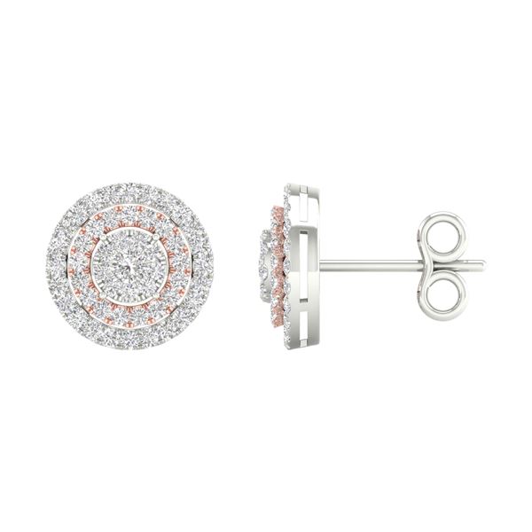 Round Diamond Cluster Earrings 1 Cttw 14KT Two-tone Gold