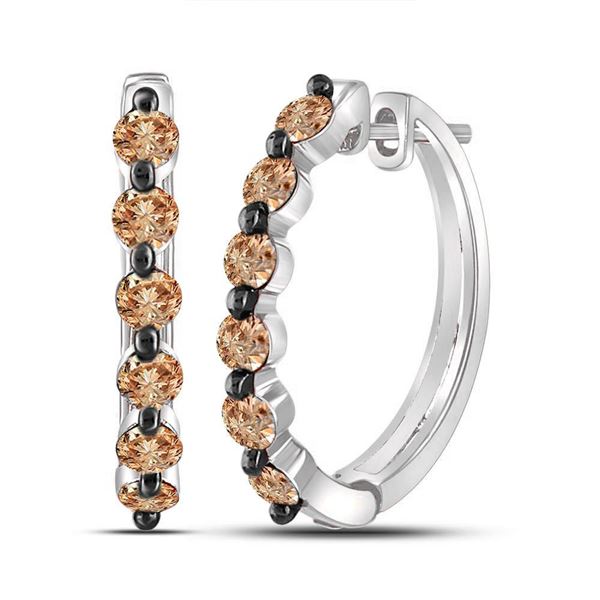 Round Brown Diamond Hoop Earrings 1 Cttw 10KT White Gold