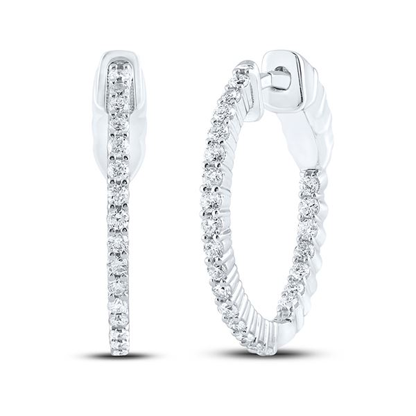 Round Diamond Single Row Hoop Earrings 1/2 Cttw 10KT White Gold