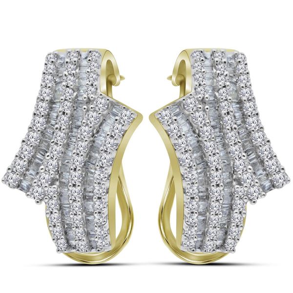 Round Baguette Diamond Bypass Hoop Earrings 1 Cttw 14KT Yellow Gold