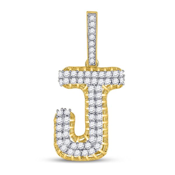 Round Diamond J Letter Charm Pendant 1-1/4 Cttw 10KT Yellow Gold
