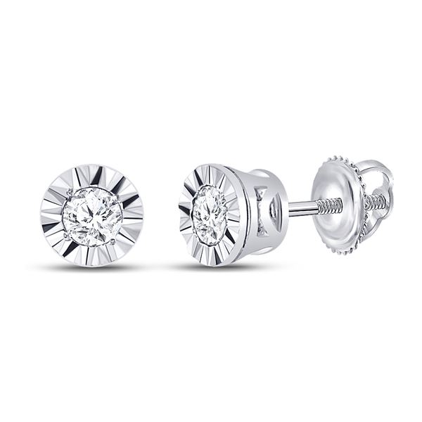 Round Diamond Solitaire Illusion-set Stud Earrings 1/10 Cttw 10KT White Gold