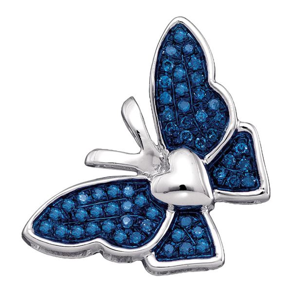 Round Blue Color Enhanced Diamond Butterfly Bug Pendant 1/6 Cttw 10KT White Gold