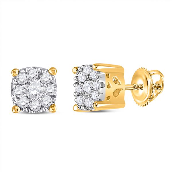 Round Diamond Flower Cluster Earrings 1/4 Cttw 14KT Yellow Gold