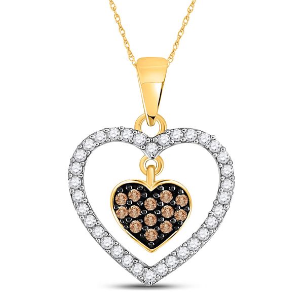 Round Brown Diamond Nested Dangle Heart Pendant 1/3 Cttw 10KT Yellow Gold