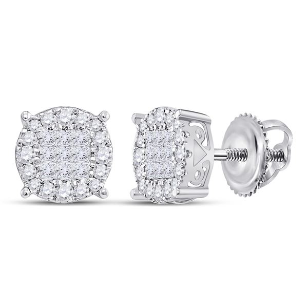 Princess Diamond Fashion Cluster Earrings 1 Cttw 14KT White Gold