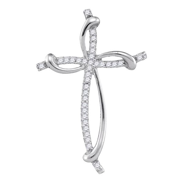 Round Diamond Slender Curved Open Cross Pendant 1/10 Cttw 10KT White Gold
