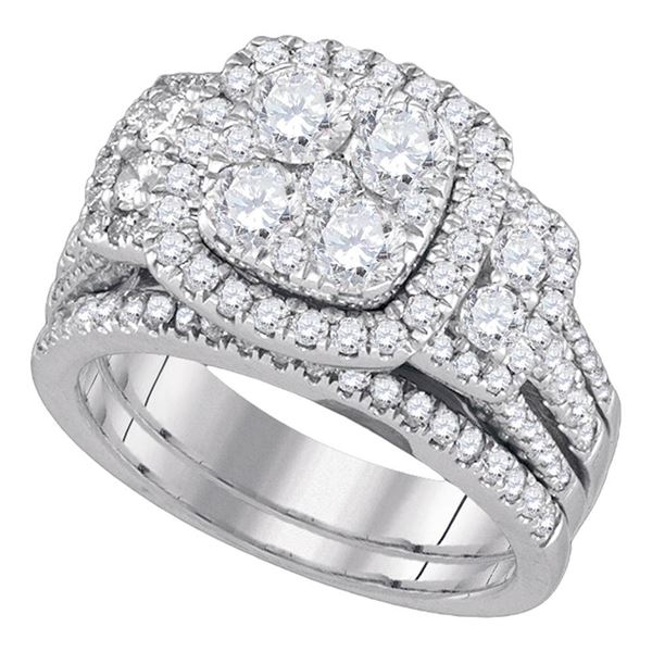 Diamond Cluster Bridal Wedding Ring Band Set 2 Cttw 14KT White Gold