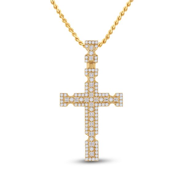 Baguette Diamond Cross Charm Pendant 1-3/8 Cttw 14KT Yellow Gold