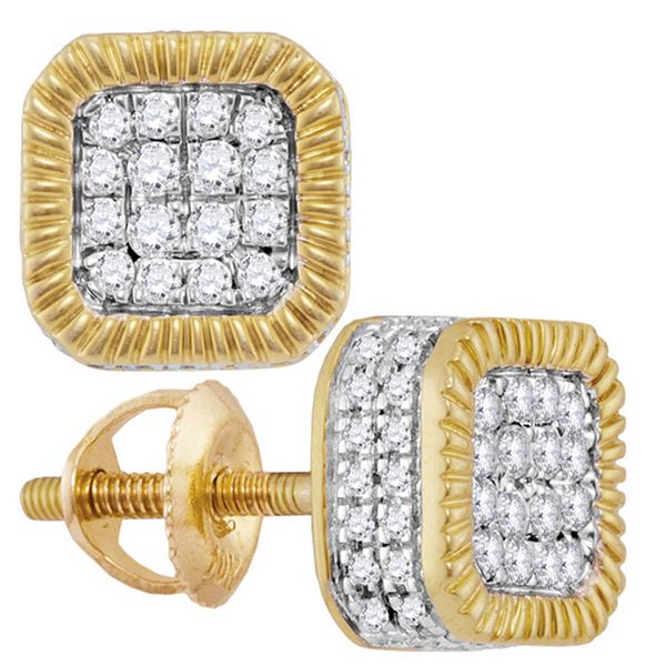 Round Diamond Cluster Fluted Square Stud Earrings 1/2 Cttw 10KT Yellow Gold