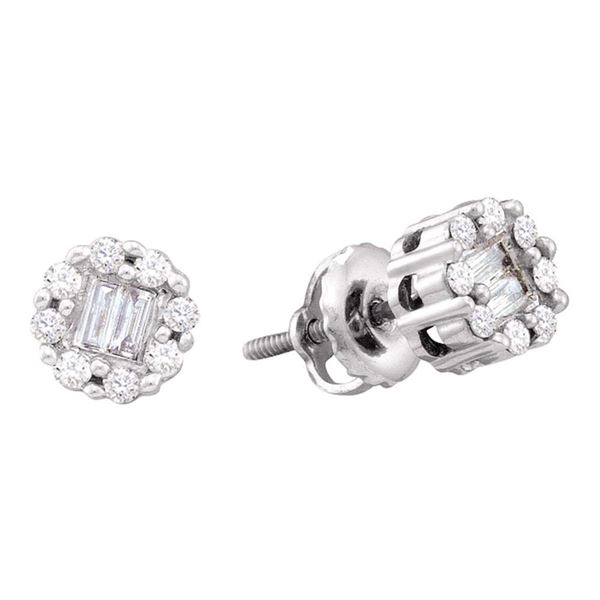 Round Baguette Diamond Cluster Stud Earrings 1/4 Cttw 14KT White Gold