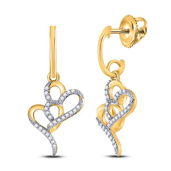Round Diamond Heart Dangle Earrings 1/6 Cttw 10KT Yellow Gold