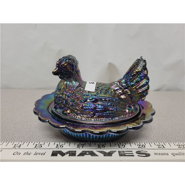 Hen on nest iridescent carnival blue glass no chips or cracks