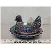 Image 1 : Hen on nest iridescent carnival blue glass no chips or cracks